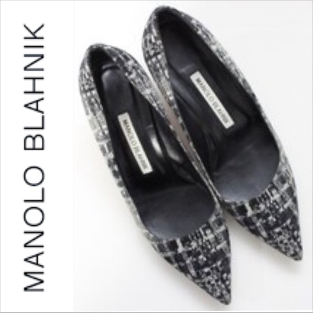 Manolo Blahnik Black White BB Pump Plaid Kitten Heels Size 38.5  IT / 8.5 US